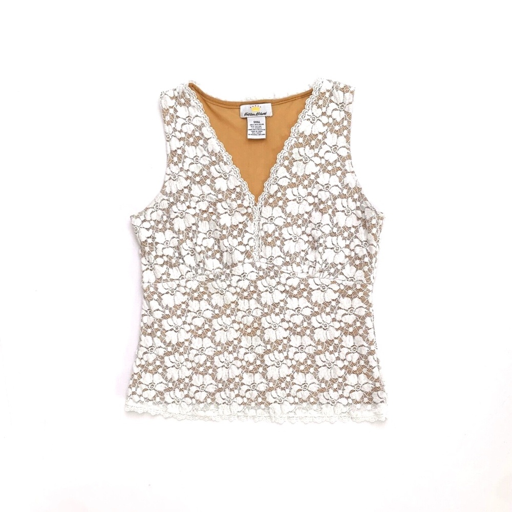 2000s Y2K White Floral Lace Nude Boho Fairy Grunge Slinky Stretch Tank Top S M